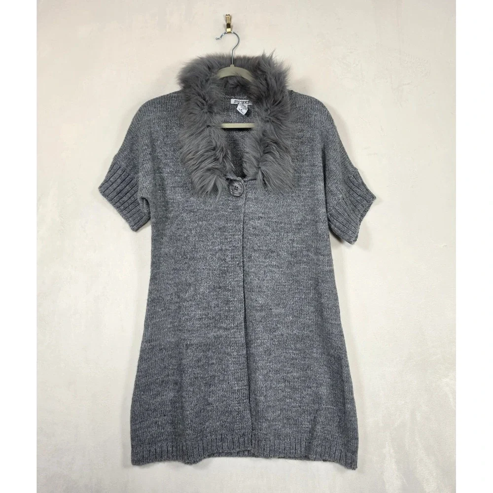 Sisters Cardigan Women's M Gray Wool Knit Faux Fur Short Sleeve Boho